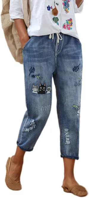 Womens Harem Capri Jeans Vintage High Waist Embroidered Jeans Elastic Lace-Up Boyfriend Denim Pants Casual Trousers