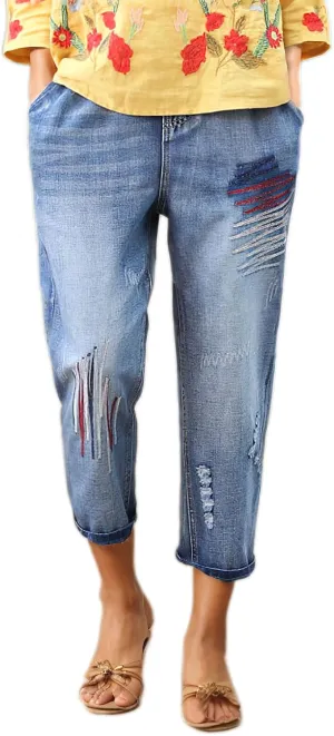 Womens Harem Capri Jeans Vintage High Waist Embroidered Jeans Elastic Lace-Up Boyfriend Denim Pants Casual Trousers