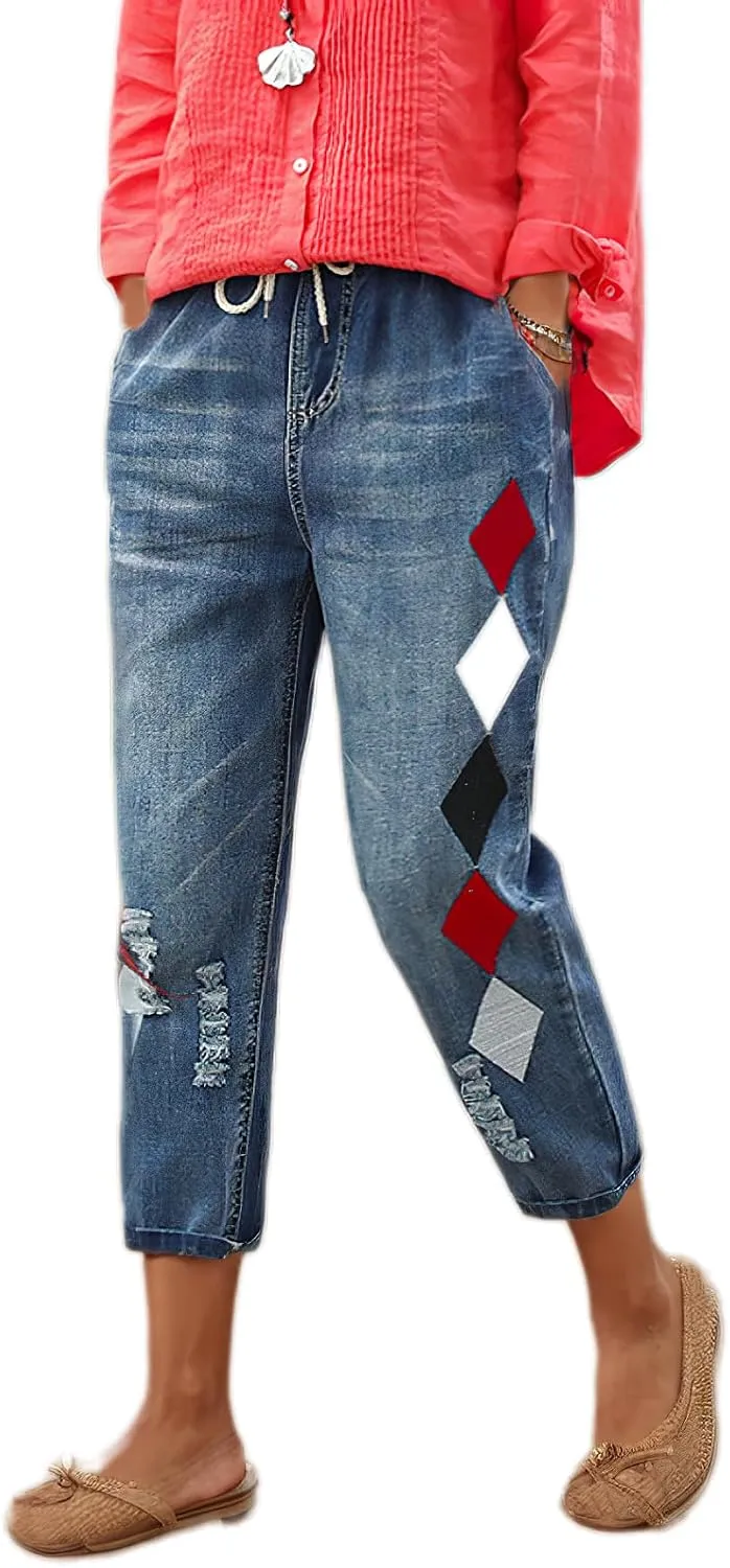 Womens Harem Capri Jeans Vintage High Waist Embroidered Jeans Elastic Lace-Up Boyfriend Denim Pants Casual Trousers