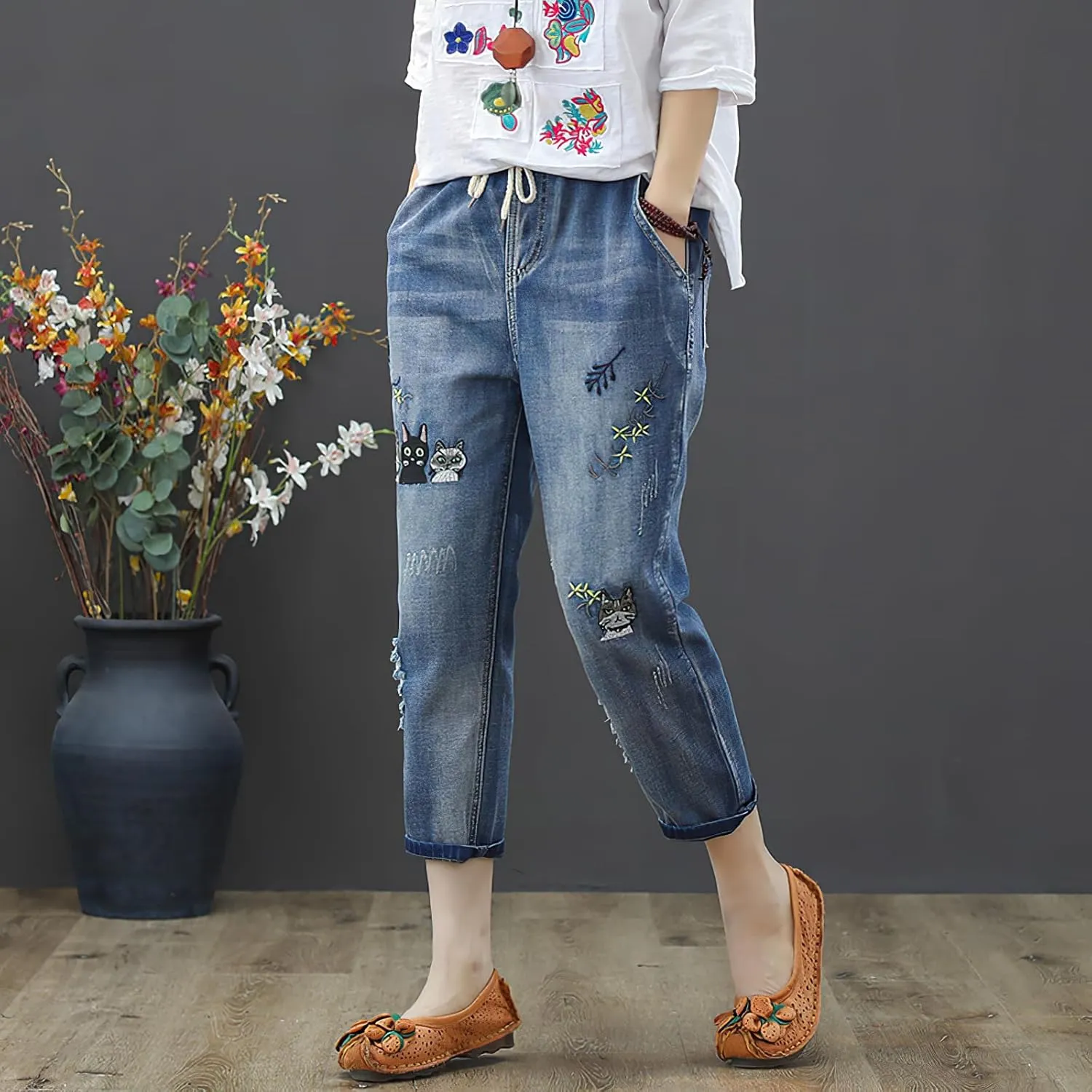 Womens Harem Capri Jeans Vintage High Waist Embroidered Jeans Elastic Lace-Up Boyfriend Denim Pants Casual Trousers