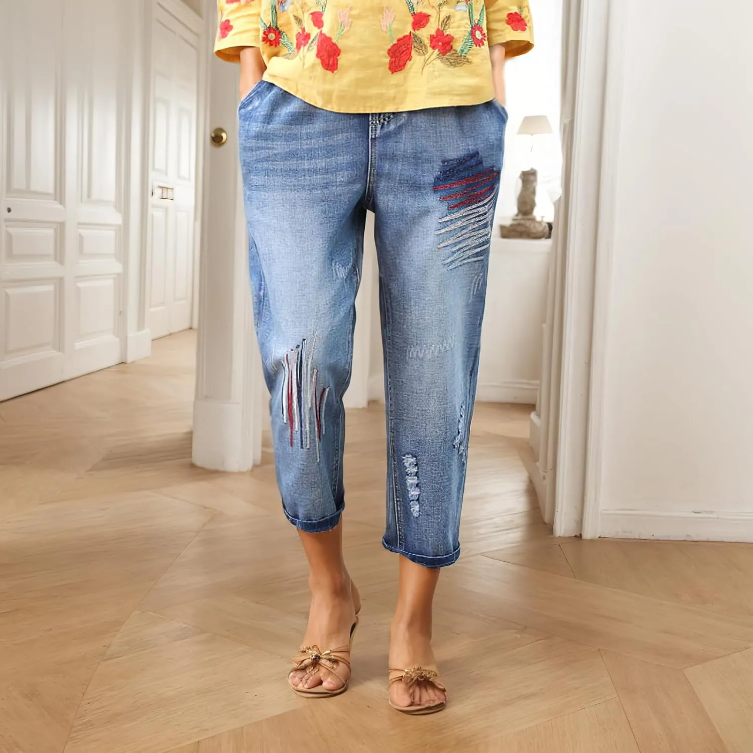 Womens Harem Capri Jeans Vintage High Waist Embroidered Jeans Elastic Lace-Up Boyfriend Denim Pants Casual Trousers
