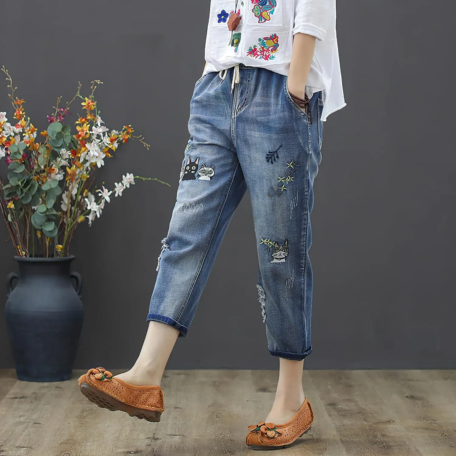 Womens Harem Capri Jeans Vintage High Waist Embroidered Jeans Elastic Lace-Up Boyfriend Denim Pants Casual Trousers