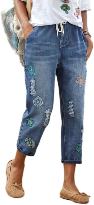 Womens Harem Capri Jeans Vintage High Waist Embroidered Jeans Elastic Lace-Up Boyfriend Denim Pants Casual Trousers