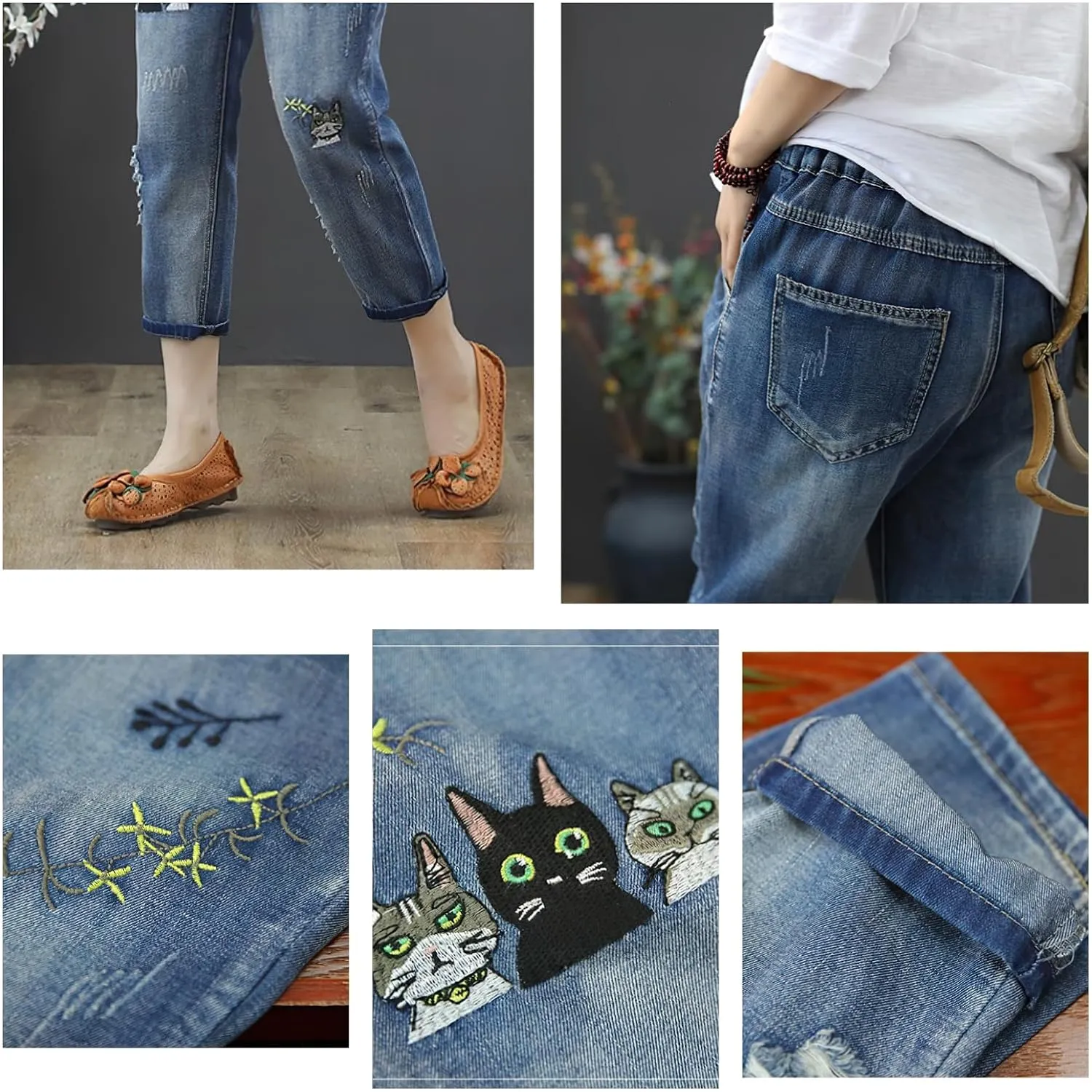Womens Harem Capri Jeans Vintage High Waist Embroidered Jeans Elastic Lace-Up Boyfriend Denim Pants Casual Trousers