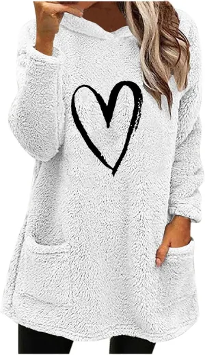 Women’s Heart Graphic Pullover Hoodie Casual Long Sleeve Sweatshirt Kangaroo Pocket Warm Hoodie Fall Winter Fashion