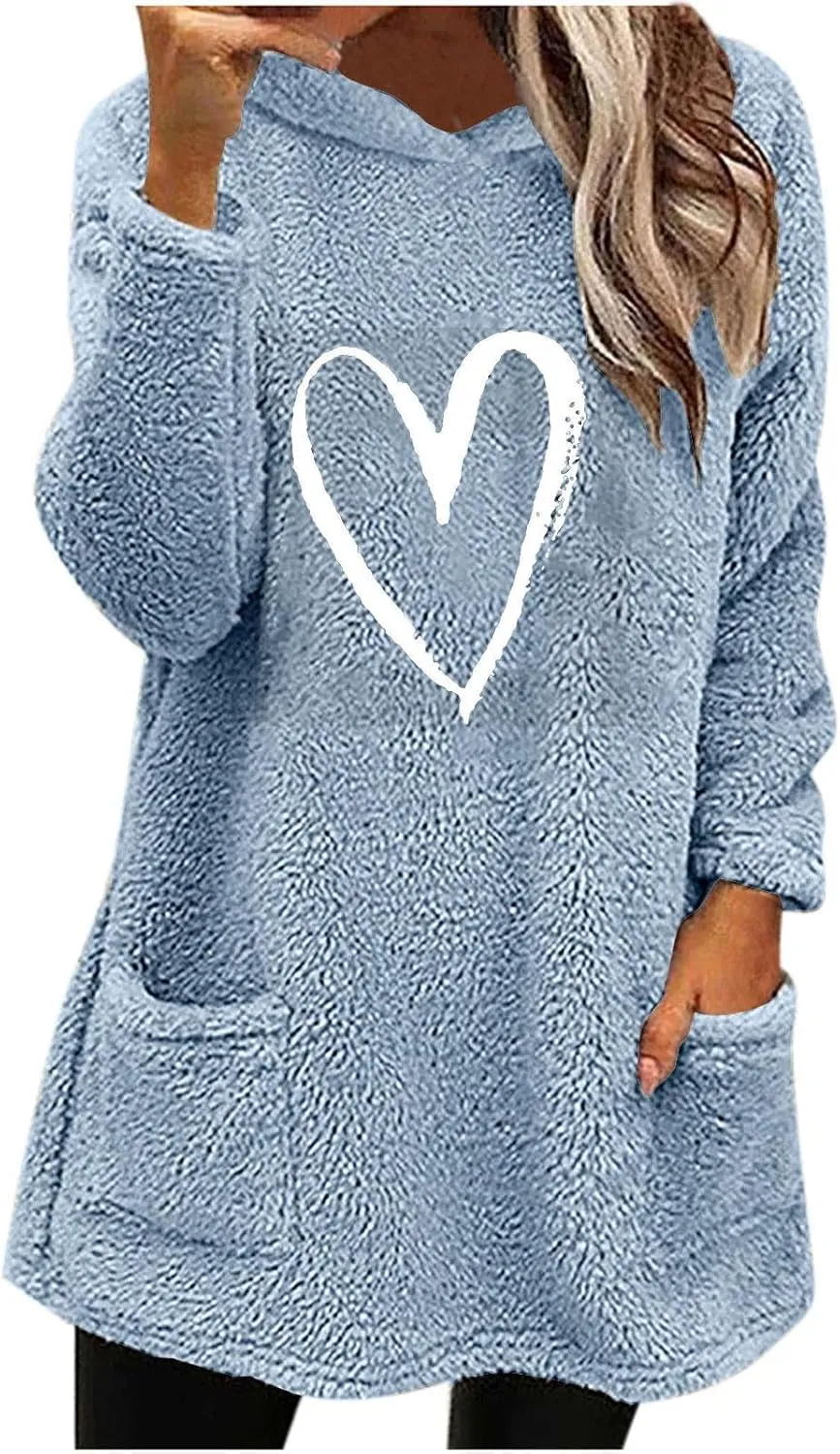 Women’s Heart Graphic Pullover Hoodie Casual Long Sleeve Sweatshirt Kangaroo Pocket Warm Hoodie Fall Winter Fashion