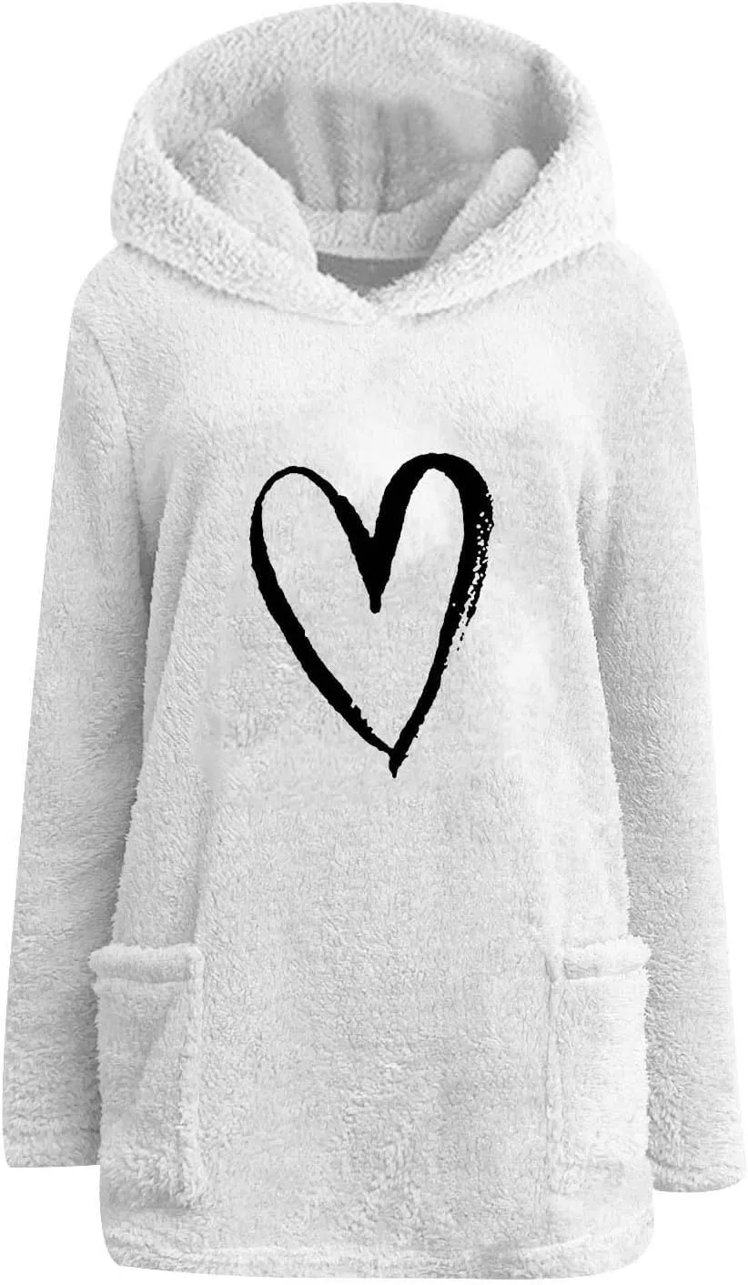 Women’s Heart Graphic Pullover Hoodie Casual Long Sleeve Sweatshirt Kangaroo Pocket Warm Hoodie Fall Winter Fashion
