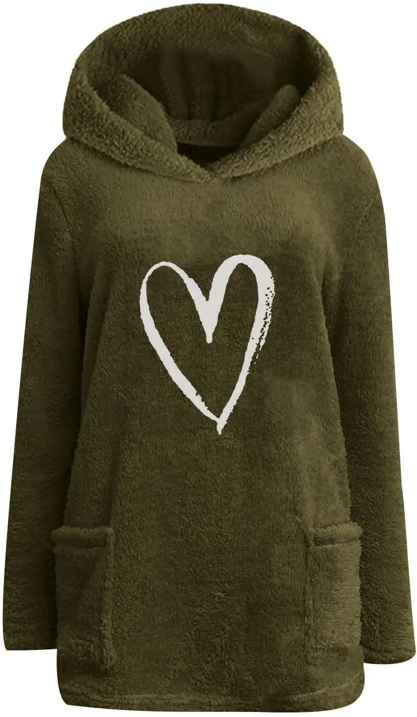 Womens Heart Graphic Pullover Hoodie Casual Long Sleeve Sweatshirt Kangaroo Pocket Warm Hoodie Fall Winter Fashion