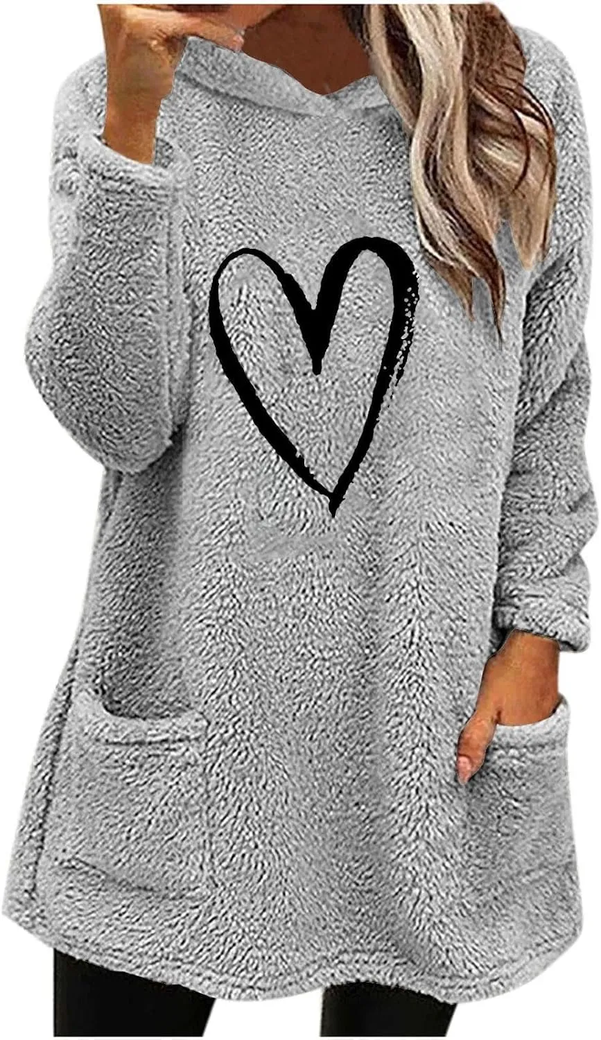 Womens Heart Graphic Pullover Hoodie Casual Long Sleeve Sweatshirt Kangaroo Pocket Warm Hoodie Fall Winter Fashion