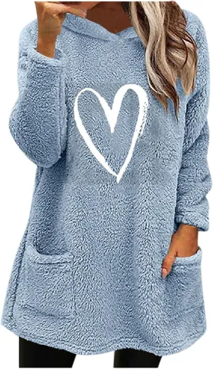 Womens Heart Graphic Pullover Hoodie Casual Long Sleeve Sweatshirt Kangaroo Pocket Warm Hoodie Fall Winter Fashion