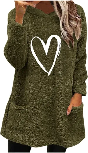 Womens Heart Graphic Pullover Hoodie Casual Long Sleeve Sweatshirt Kangaroo Pocket Warm Hoodie Fall Winter Fashion