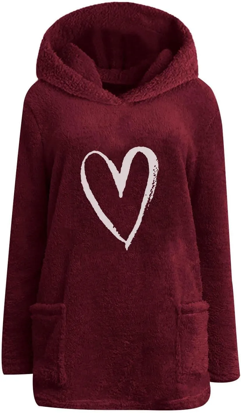 Women’s Heart Graphic Pullover Hoodie Casual Long Sleeve Sweatshirt Kangaroo Pocket Warm Hoodie Fall Winter Fashion