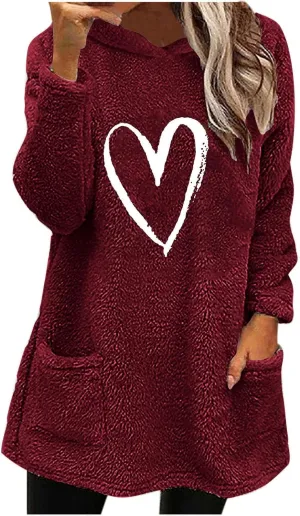 Womens Heart Graphic Pullover Hoodie Casual Long Sleeve Sweatshirt Kangaroo Pocket Warm Hoodie Fall Winter Fashion