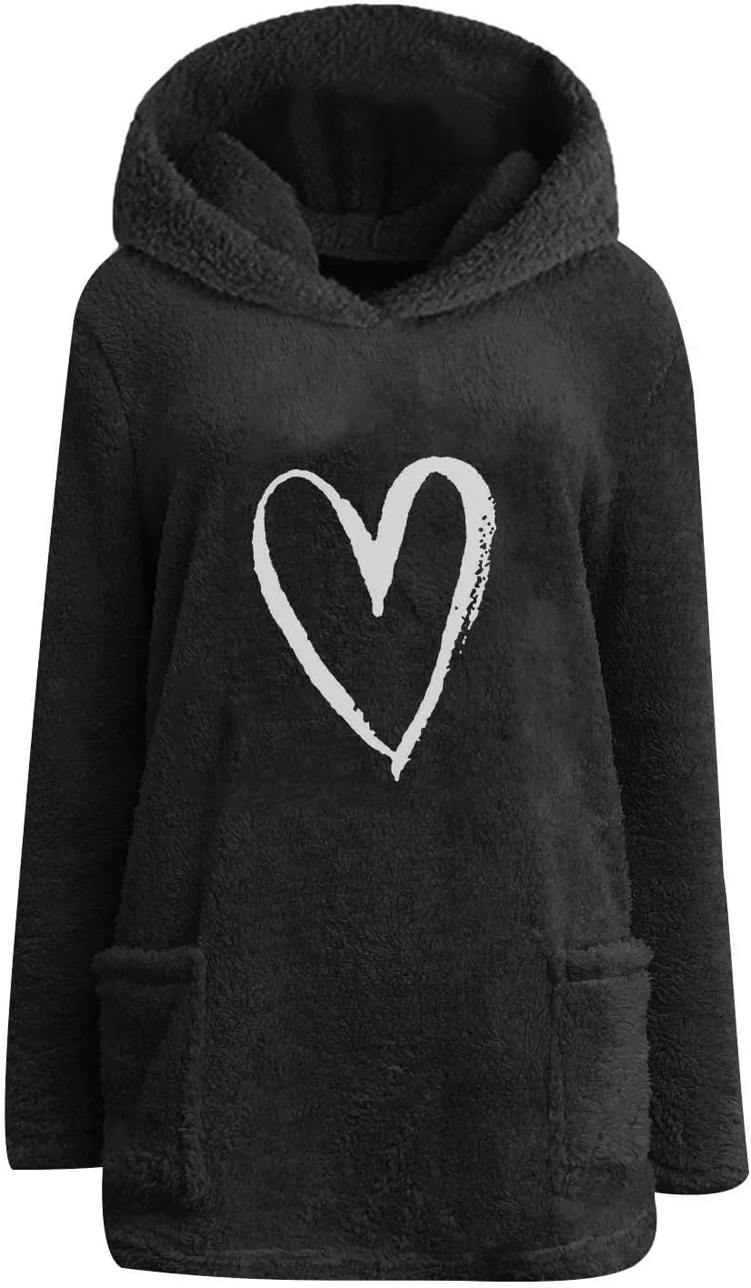 Women’s Heart Graphic Pullover Hoodie Casual Long Sleeve Sweatshirt Kangaroo Pocket Warm Hoodie Fall Winter Fashion