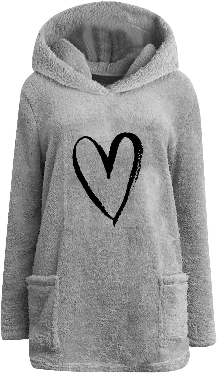Womens Heart Graphic Pullover Hoodie Casual Long Sleeve Sweatshirt Kangaroo Pocket Warm Hoodie Fall Winter Fashion