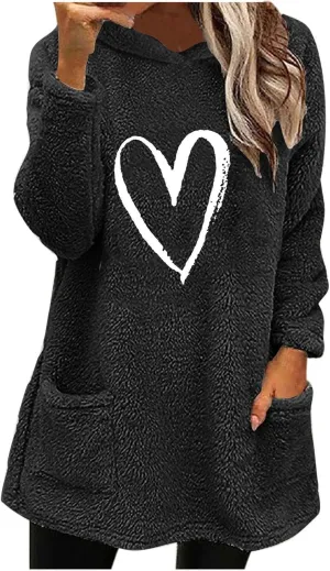 Women’s Heart Graphic Pullover Hoodie Casual Long Sleeve Sweatshirt Kangaroo Pocket Warm Hoodie Fall Winter Fashion