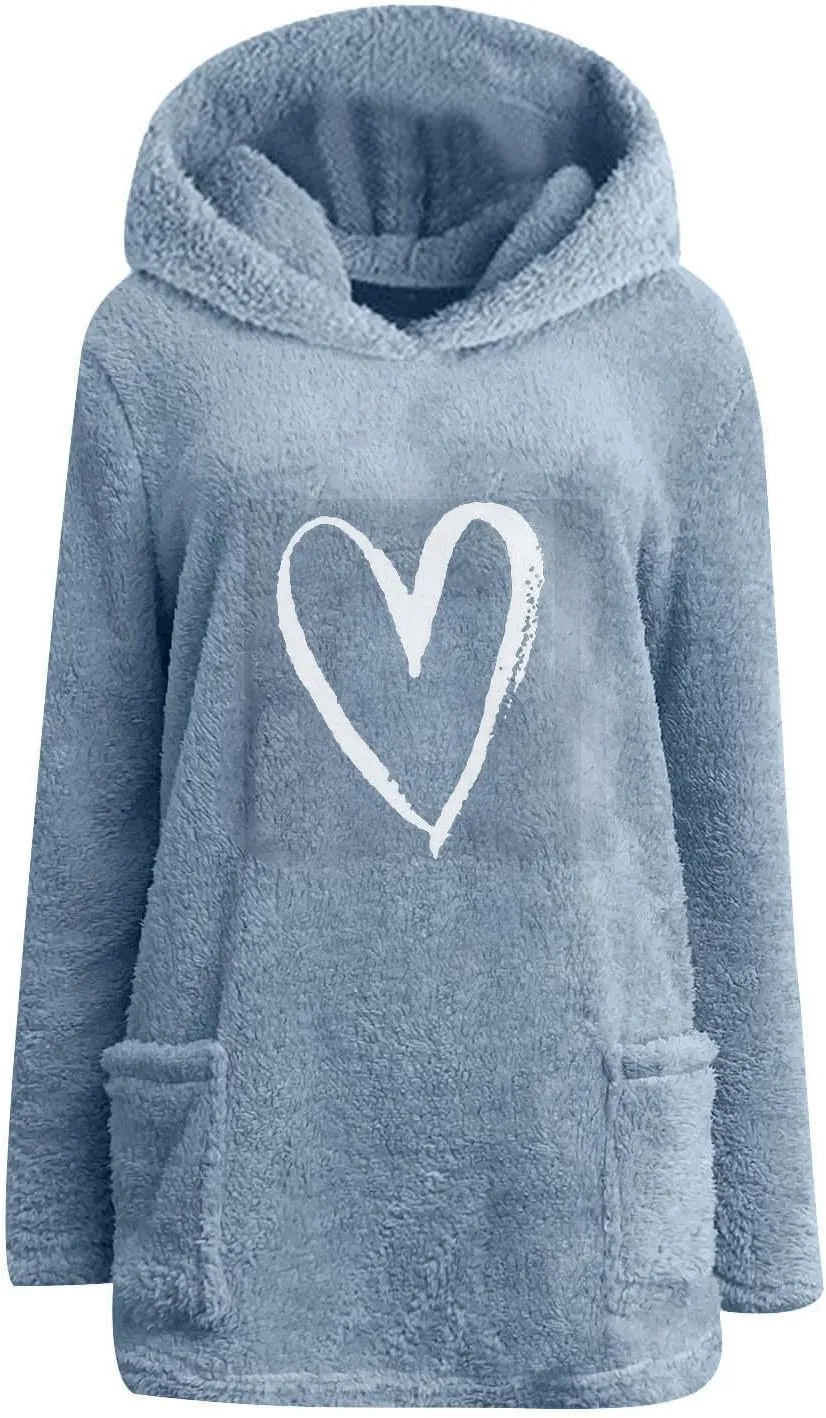 Womens Heart Graphic Pullover Hoodie Casual Long Sleeve Sweatshirt Kangaroo Pocket Warm Hoodie Fall Winter Fashion