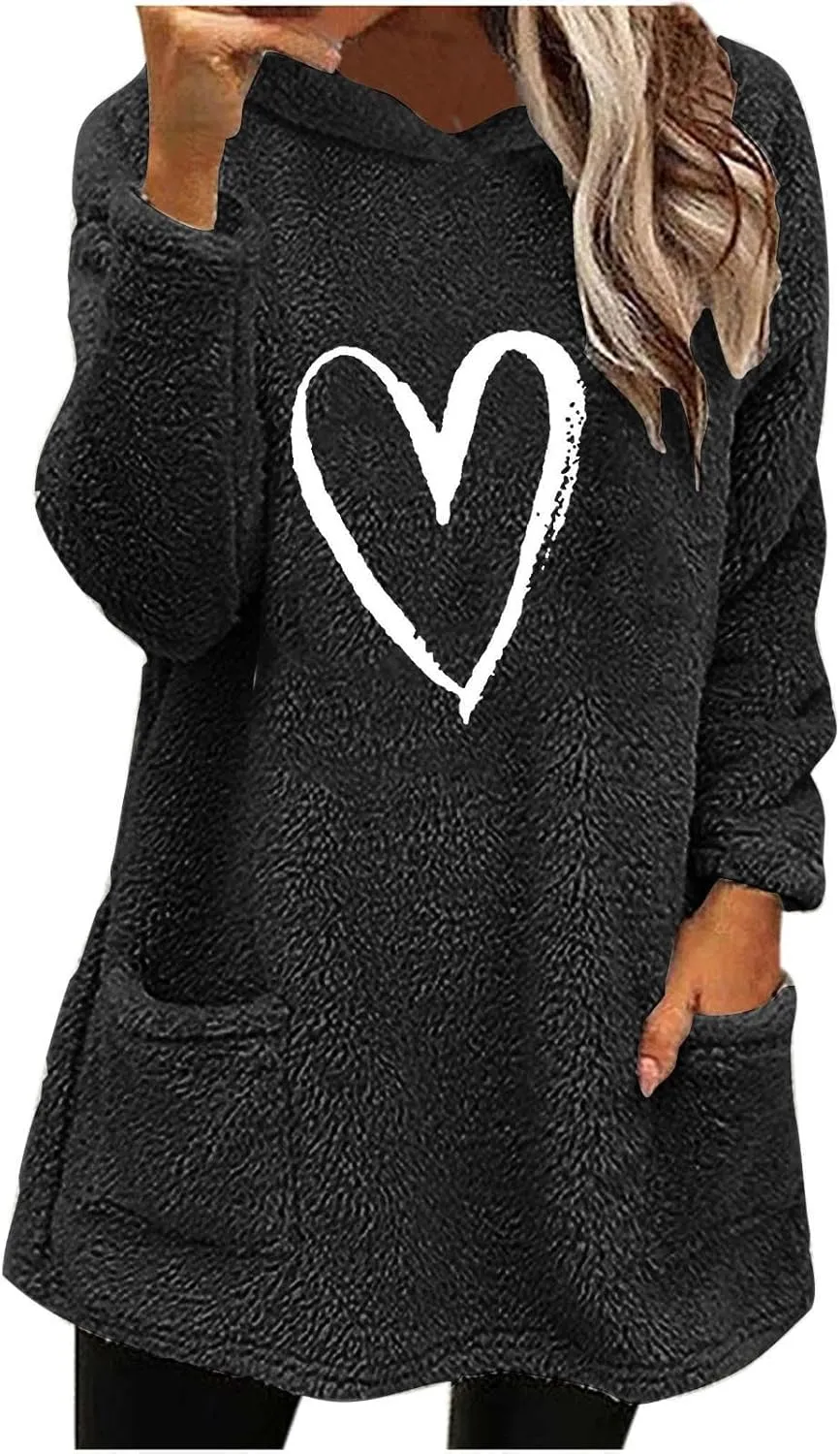 Women’s Heart Graphic Pullover Hoodie Casual Long Sleeve Sweatshirt Kangaroo Pocket Warm Hoodie Fall Winter Fashion