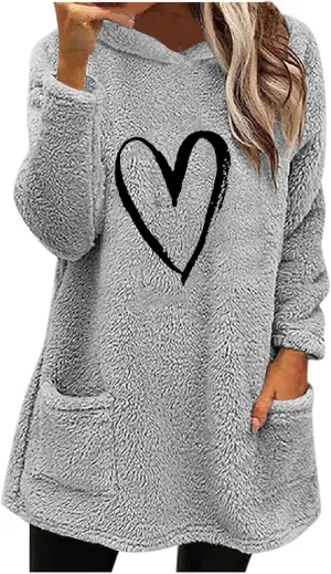Womens Heart Graphic Pullover Hoodie Casual Long Sleeve Sweatshirt Kangaroo Pocket Warm Hoodie Fall Winter Fashion