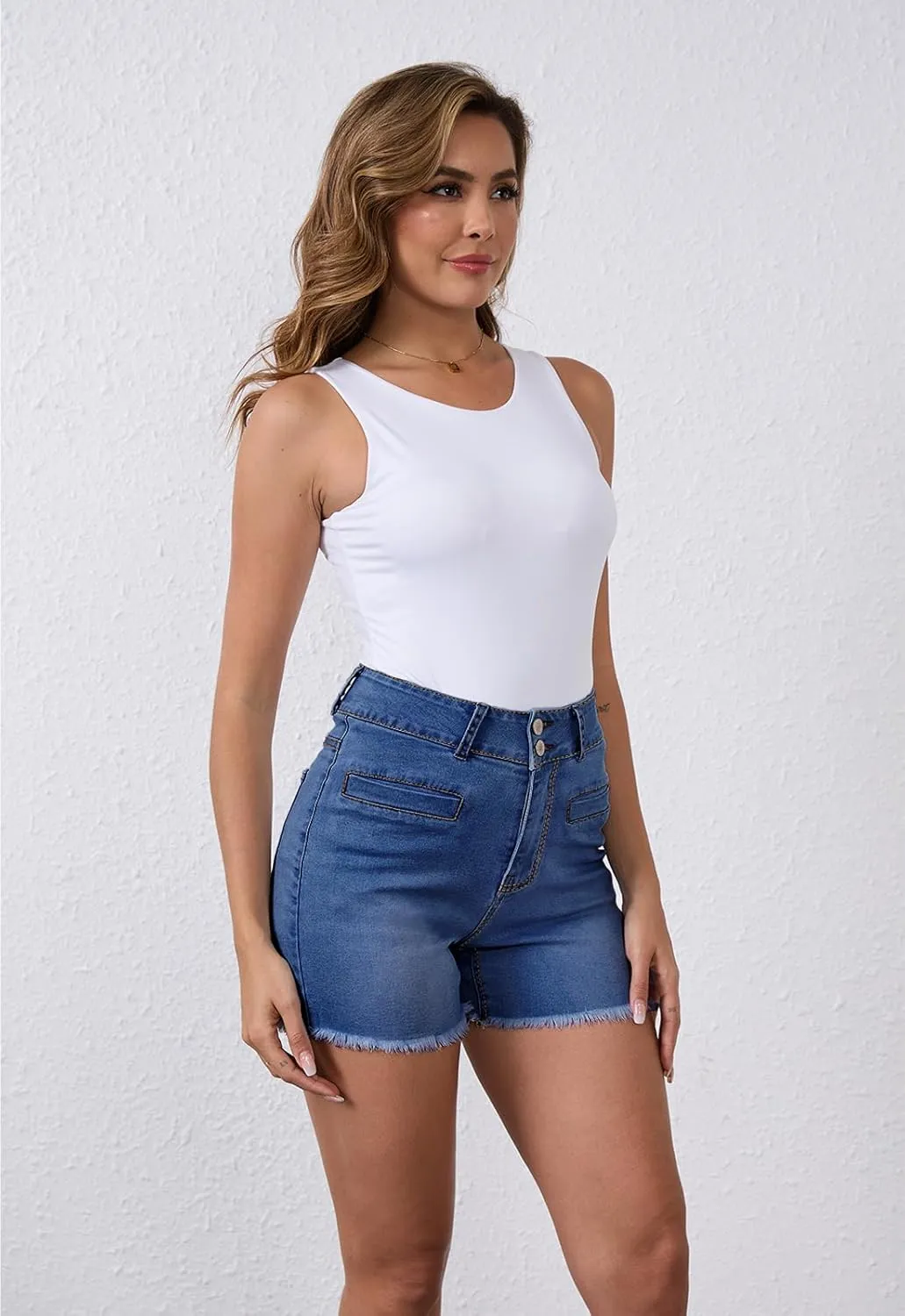 Women's High Waist Brushed Hem Denim Shorts Stretch Jean Shorts with Pockets for Women
