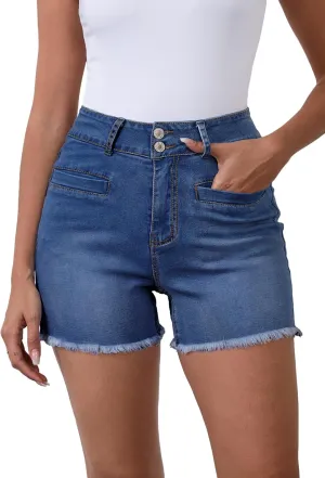 Women's High Waist Brushed Hem Denim Shorts Stretch Jean Shorts with Pockets for Women