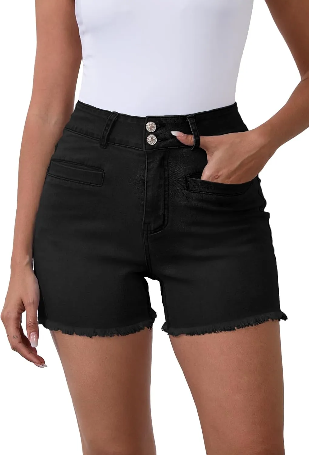 Women's High Waist Brushed Hem Denim Shorts Stretch Jean Shorts with Pockets for Women