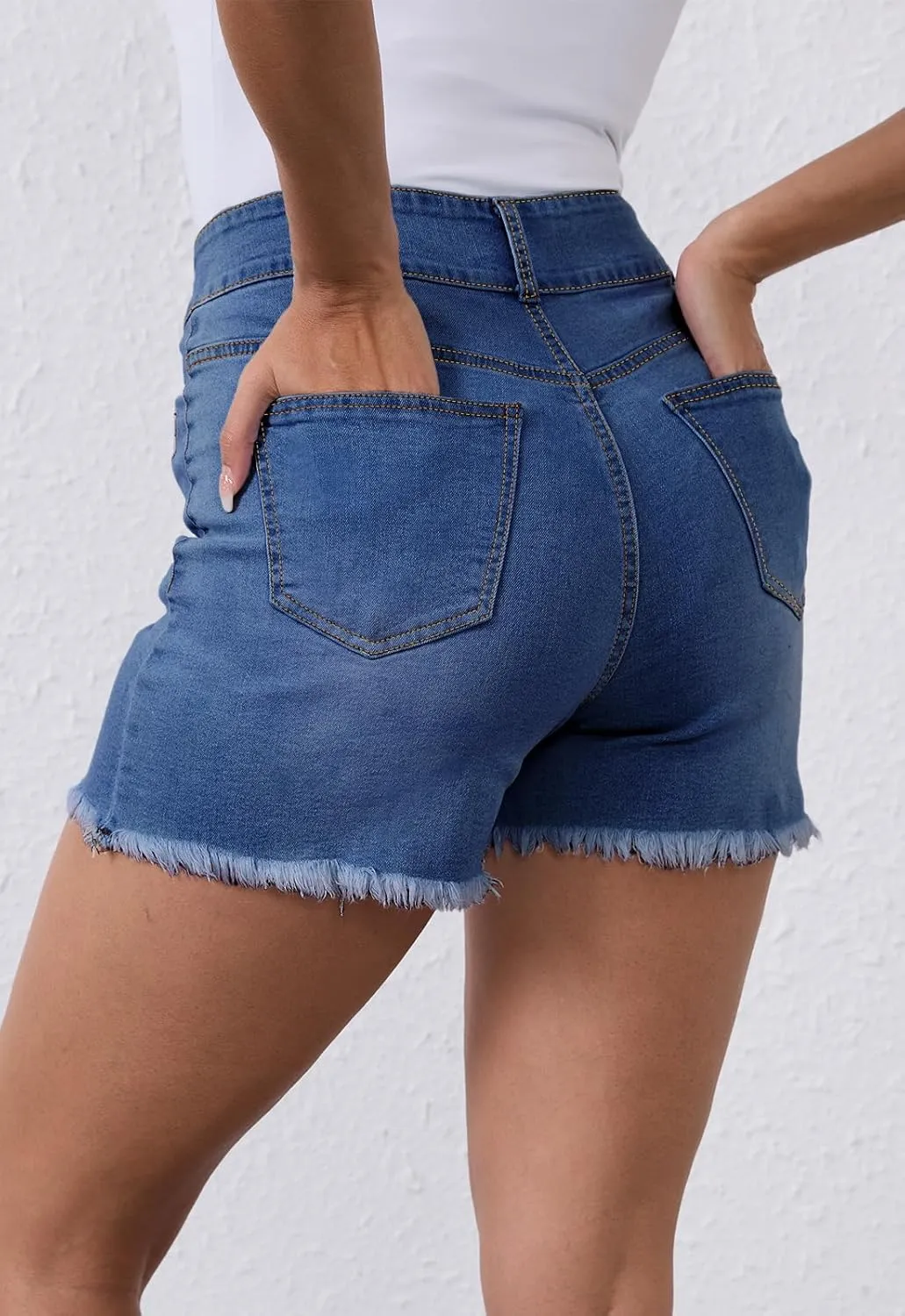 Women's High Waist Brushed Hem Denim Shorts Stretch Jean Shorts with Pockets for Women
