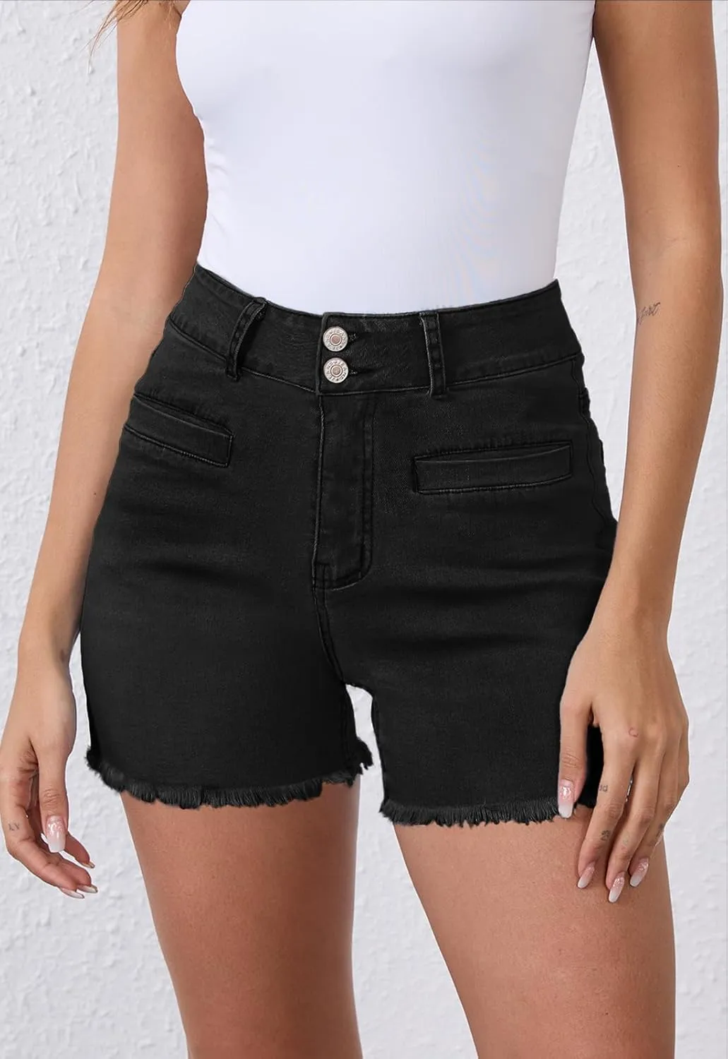 Women's High Waist Brushed Hem Denim Shorts Stretch Jean Shorts with Pockets for Women