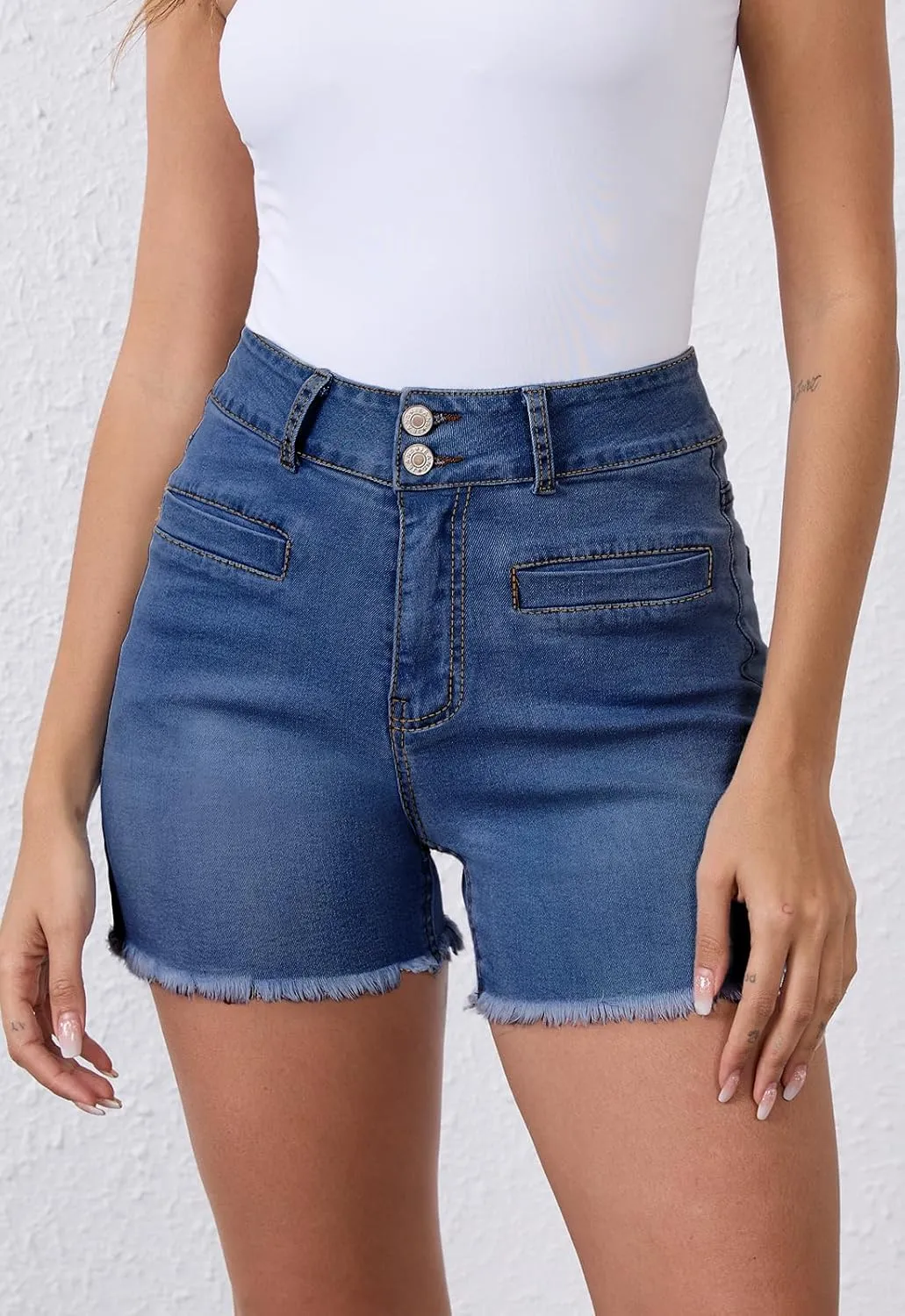 Women's High Waist Brushed Hem Denim Shorts Stretch Jean Shorts with Pockets for Women
