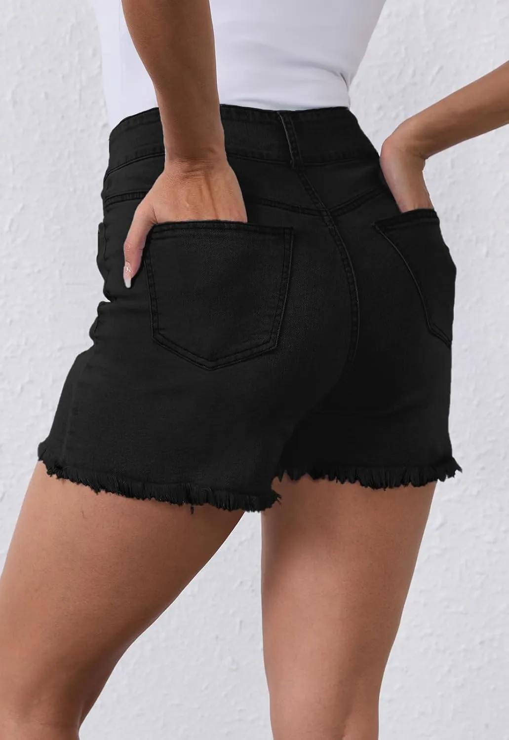 Women's High Waist Brushed Hem Denim Shorts Stretch Jean Shorts with Pockets for Women