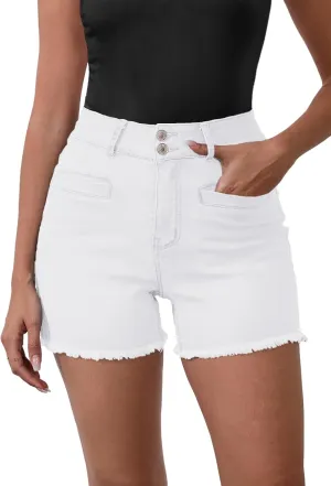 Women's High Waist Brushed Hem Denim Shorts Stretch Jean Shorts with Pockets for Women
