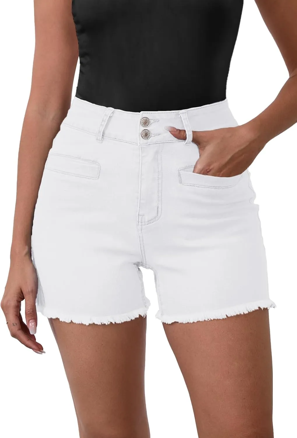 Women's High Waist Brushed Hem Denim Shorts Stretch Jean Shorts with Pockets for Women