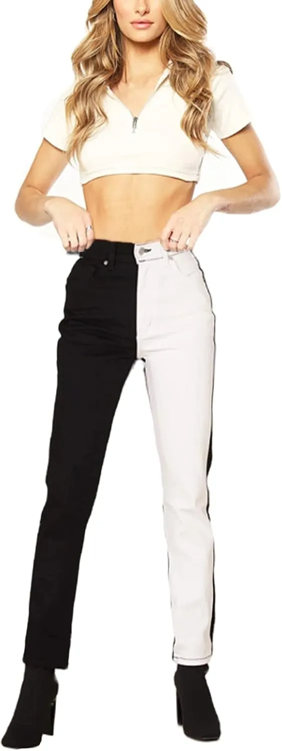Women's High Waist Two Tone Color Block Jeans Straight Leg Stretchy Denim Pants