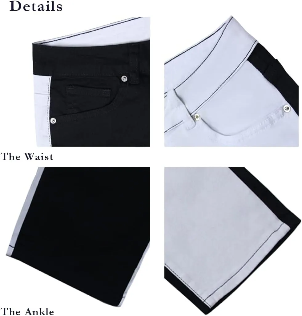 Women's High Waist Two Tone Color Block Jeans Straight Leg Stretchy Denim Pants