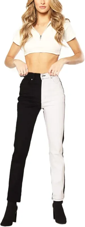 Women's High Waist Two Tone Color Block Jeans Straight Leg Stretchy Denim Pants