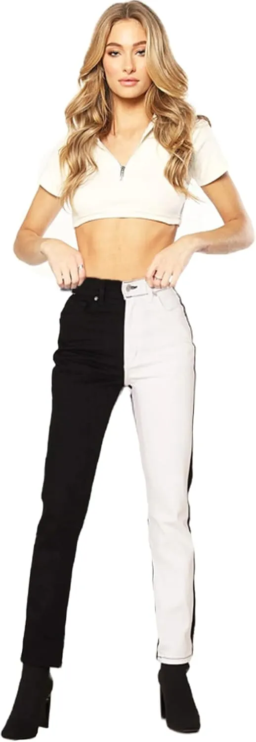 Women's High Waist Two Tone Color Block Jeans Straight Leg Stretchy Denim Pants