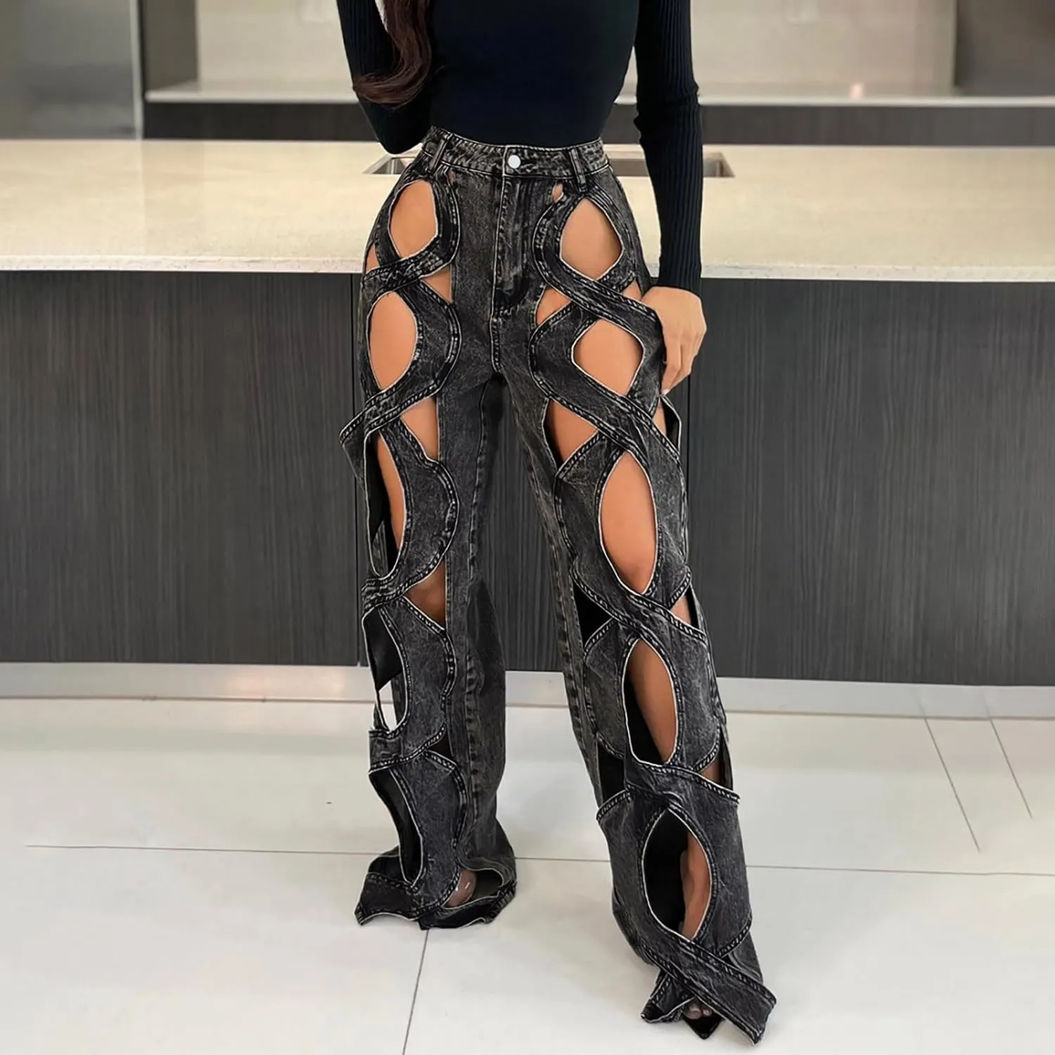 Womens High Waisted Jeans Y2K Trendy Hollow Out Criss Cross Wide Straight Leg Baggy Denim Pants Sexy Jean Pants