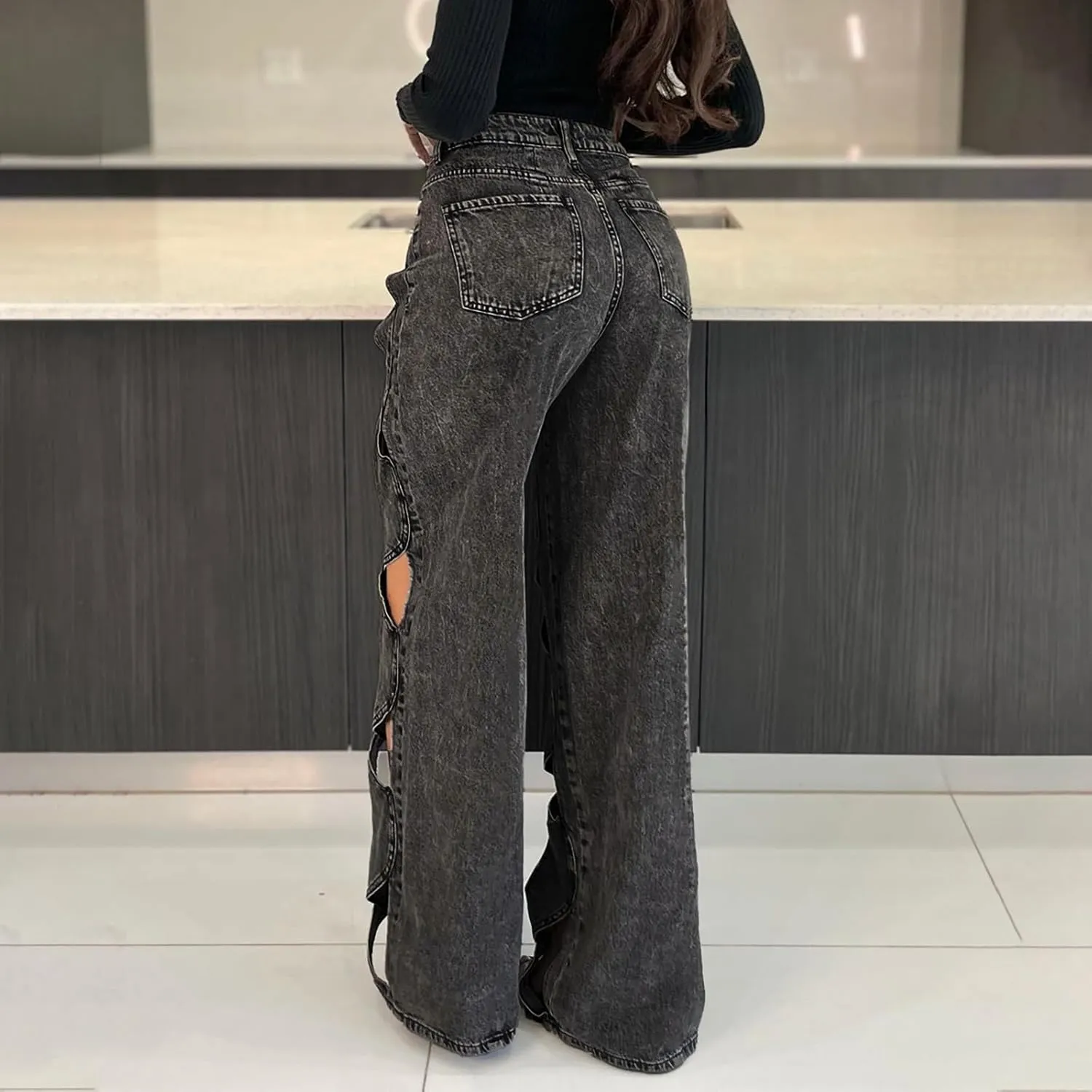 Womens High Waisted Jeans Y2K Trendy Hollow Out Criss Cross Wide Straight Leg Baggy Denim Pants Sexy Jean Pants