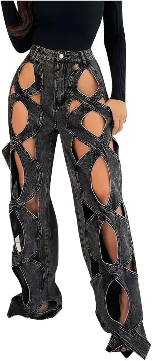 Womens High Waisted Jeans Y2K Trendy Hollow Out Criss Cross Wide Straight Leg Baggy Denim Pants Sexy Jean Pants