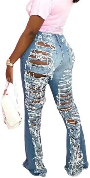 Women's High Waisted Ripped Skinny Jeans Distressed Cut Out Denim Pants Vintage Raw Hem Washed Jeans