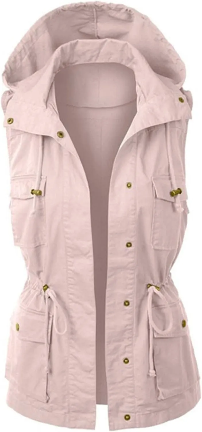 Womens Hooded Vest Jacke Casual Military Utility Sleeveless Drawstring Lightweight Hoodies Jacket with Pockets