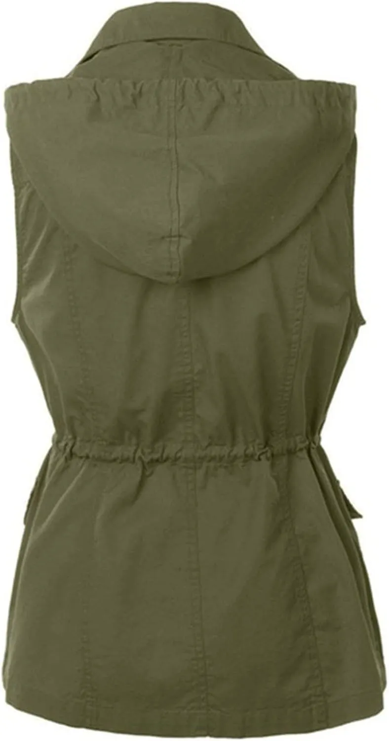 Womens Hooded Vest Jacke Casual Military Utility Sleeveless Drawstring Lightweight Hoodies Jacket with Pockets