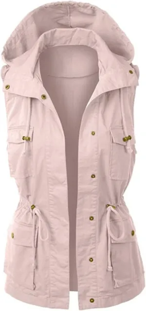 Womens Hooded Vest Jacke Casual Military Utility Sleeveless Drawstring Lightweight Hoodies Jacket with Pockets