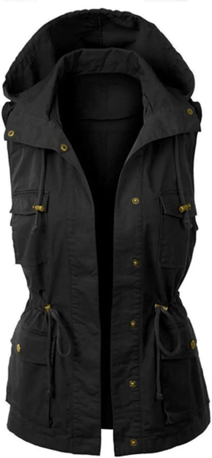 Womens Hooded Vest Jacke Casual Military Utility Sleeveless Drawstring Lightweight Hoodies Jacket with Pockets