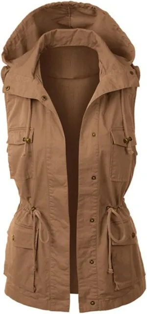 Womens Hooded Vest Jacke Casual Military Utility Sleeveless Drawstring Lightweight Hoodies Jacket with Pockets