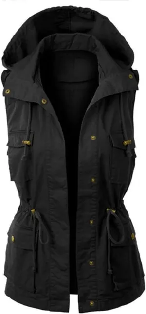Womens Hooded Vest Jacke Casual Military Utility Sleeveless Drawstring Lightweight Hoodies Jacket with Pockets
