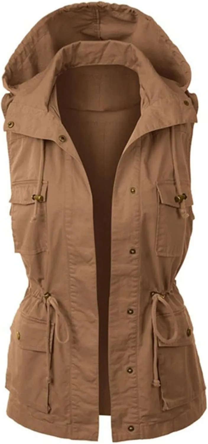 Womens Hooded Vest Jacke Casual Military Utility Sleeveless Drawstring Lightweight Hoodies Jacket with Pockets