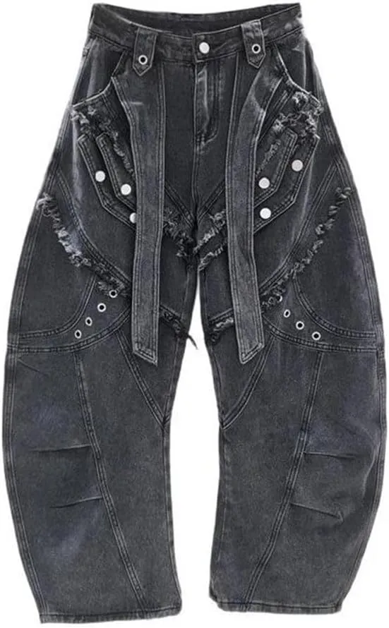 Women's Jeans Deconstructed Patchwork Burrs Edge Washed Wide Leg Curved Cargo Denim Pants
