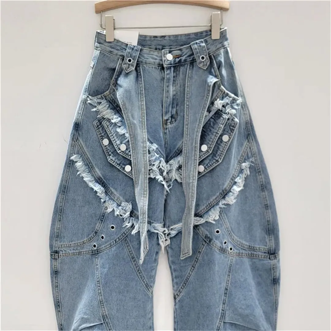Women's Jeans Deconstructed Patchwork Burrs Edge Washed Wide Leg Curved Cargo Denim Pants