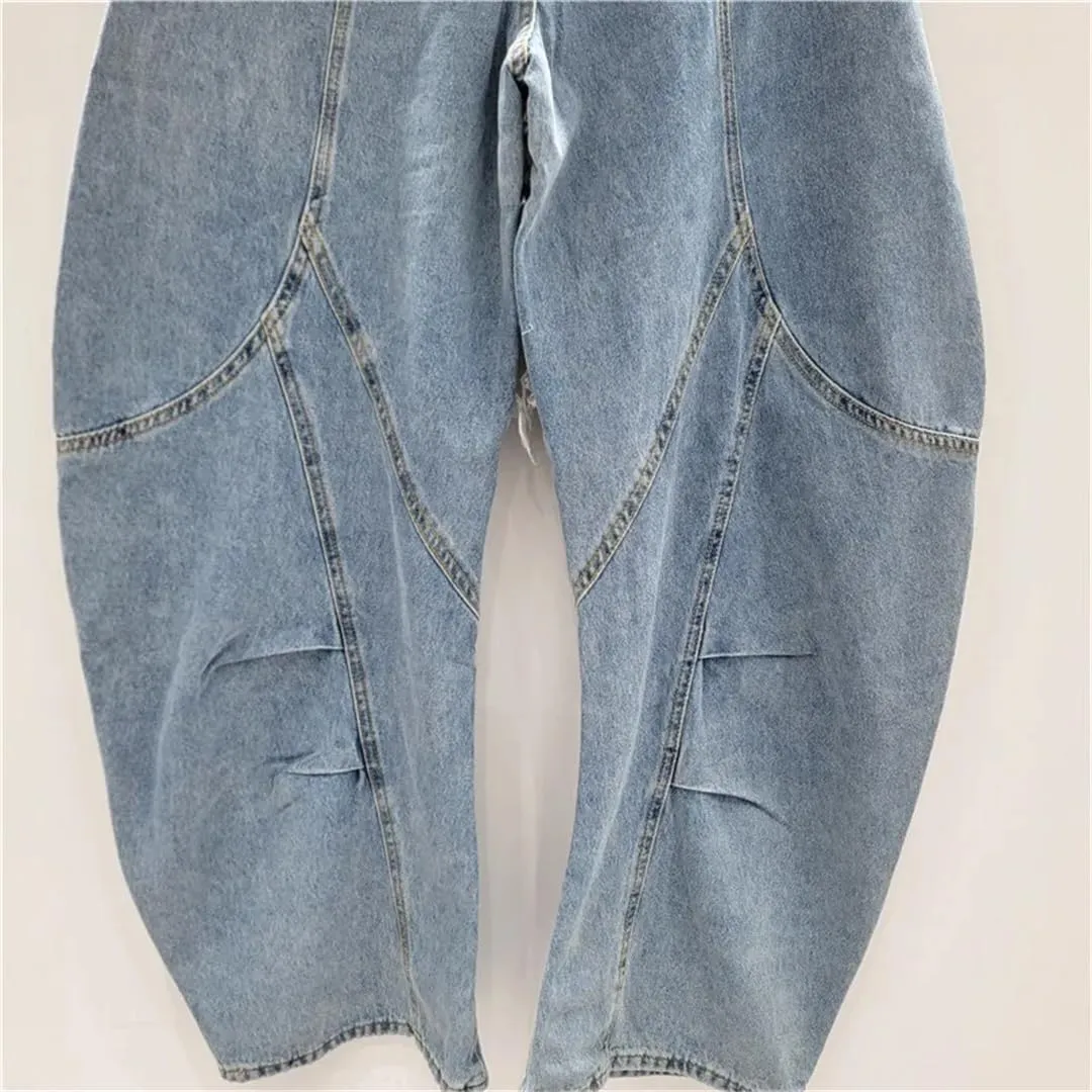 Women's Jeans Deconstructed Patchwork Burrs Edge Washed Wide Leg Curved Cargo Denim Pants